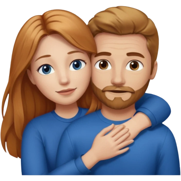 girlfriend with long dark strawberry blonde hair middle part with brown eyes giving hug to man with blue eyes, dark blonde hair and facial hair emoji