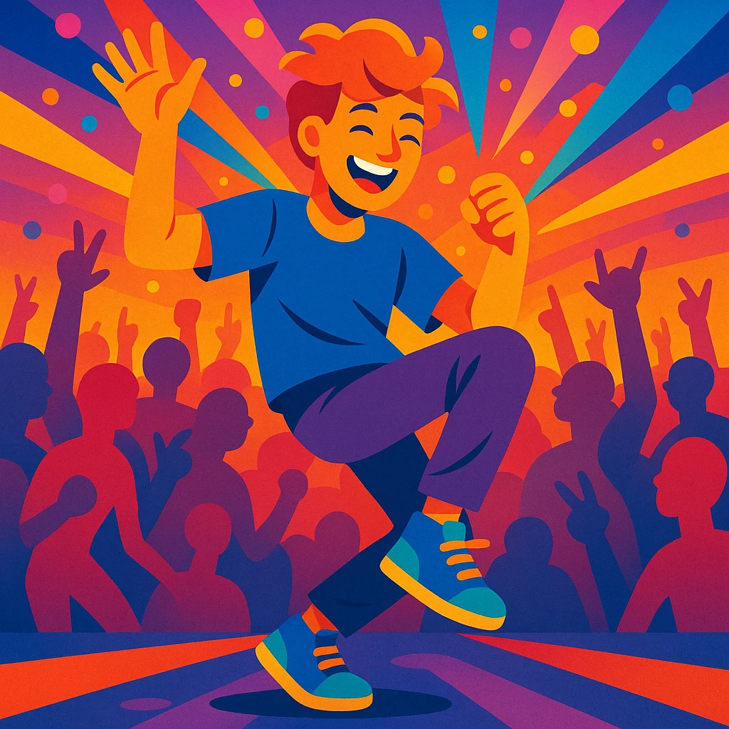 a person dancing energetically at a concert with colorful lights and lively crowd, vibrant style emoji