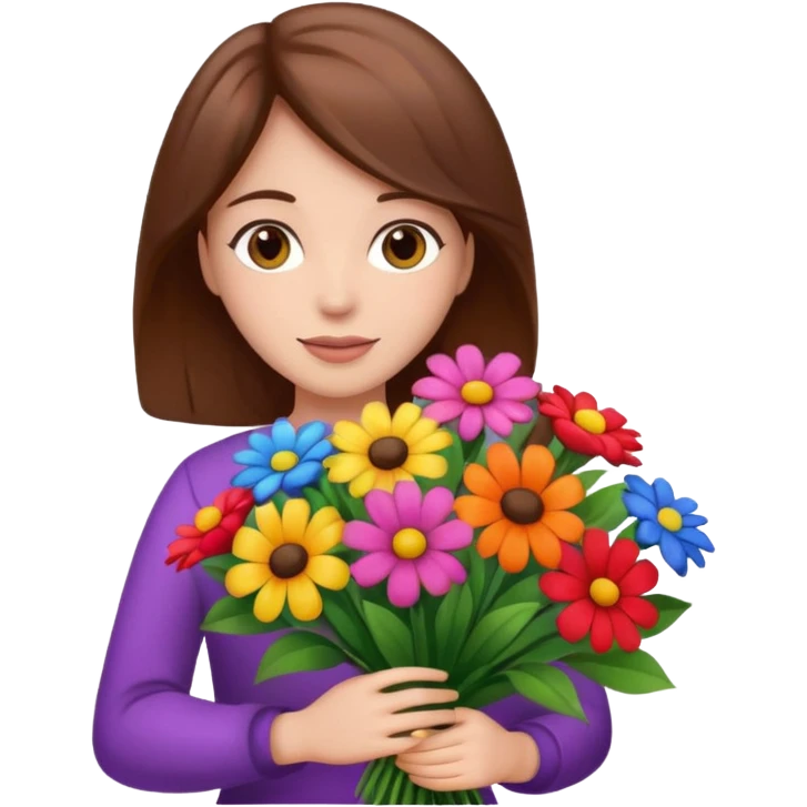 brown hair woman with big bouquet of flowers emoji