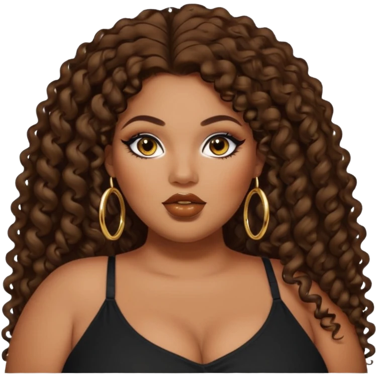 big plus size, darker tan skin, gold hoops, long dark brown curly hair, baddie,pretty, makeup, lipgloss, black eyeliner, long hair, black top emoji