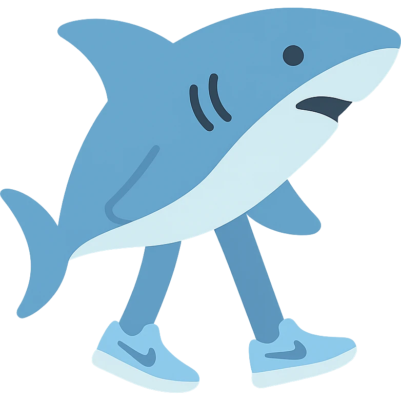 shark with three legs, wearing light blue Nike shoes, icon style, minimal color emoji