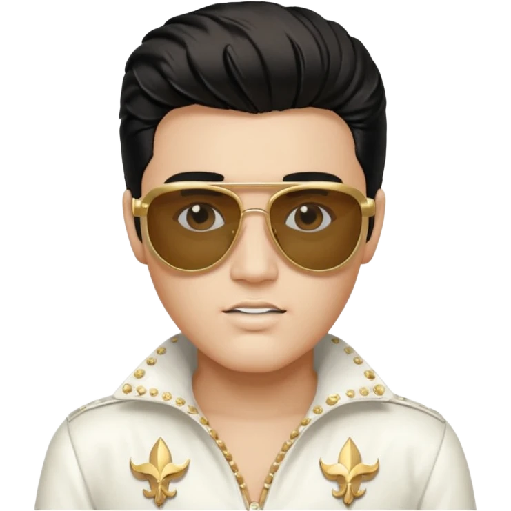 A boy with an Elvis Presley mask with sunglasses dressed as Elvis Presley emoji