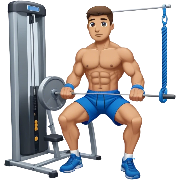 buff man with blue shorts using cable face-pull machine emoji