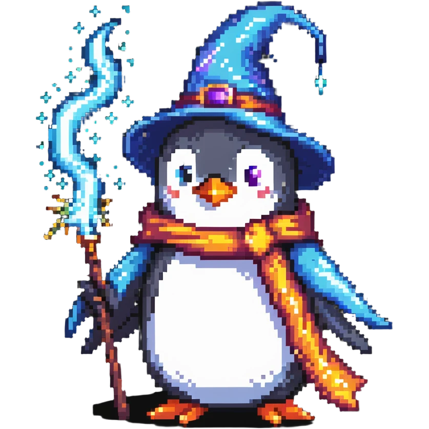 Penguin wizard casting a magic spell, with magical sparkles emoji