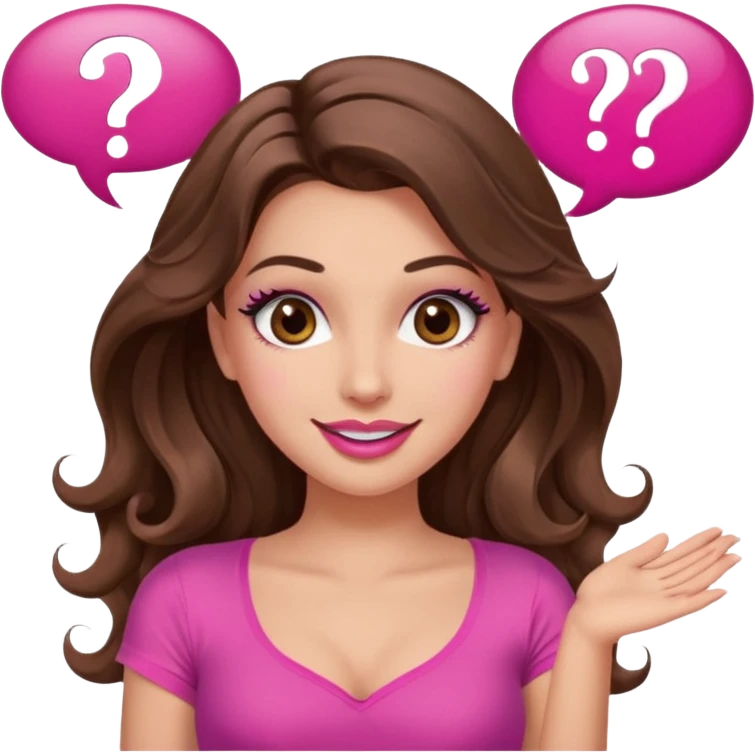 girl with long wavy brown hair, brown eyes, long lashes makeup, sexy pink lips, light to medium complexion, wearing a pink sexy top, shugging, smiling, question mark one speech bubble emoji