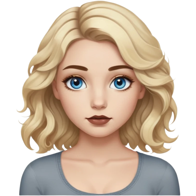Girl with blue eyes. Blonde wavy hair with dark brown growths down to her chest. Natural eyebrows with the same color as the growths. Painted eyelashes and lips lined with brown liner. With a gray long-sleeved crop top. emoji