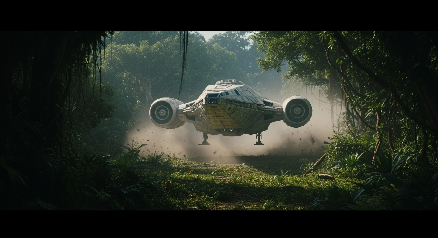cinematic still, Medium shot, amazon jungle,  starship landing on ground, inspired by StarWars movie, captured by arri alexa emoji