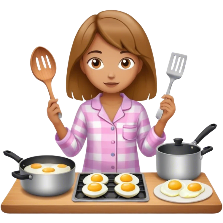 Young girl wearing pajamas and cooking eggs. emoji