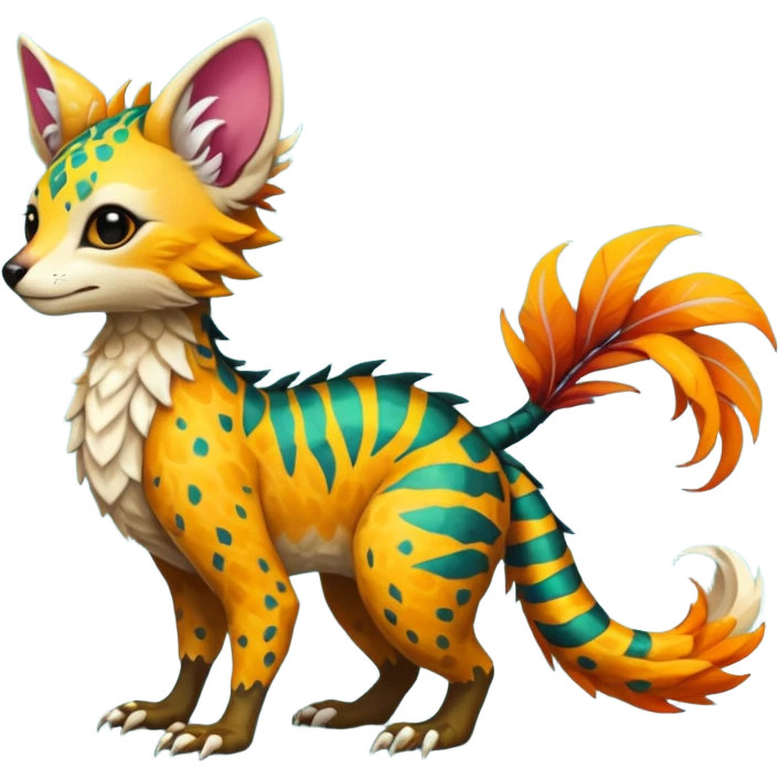 Feral Rare Fantasy vibrant tropical Vernid-Trico-species-creature by LiLaiRa, random markings, tufted tail, tufted ears, full body emoji