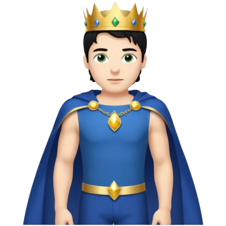 Prince with crown, blue cape and trousers, body and legs, black hair, blue eyes, woman blonde hair, green eyes, sexy white short sleveless dress,  emoji