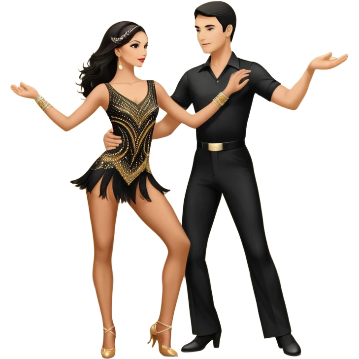 Photorealistic dancesport professional latin couple dancing the samba at the competition dancefloor, the women is in skinny short sparkly dress, the man is in black shirt and black classic pants, the women has brown long hair, the man has short black hair, the man hold woman's hand  emoji