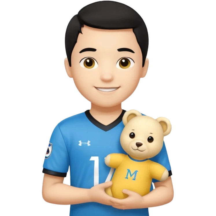 Un enfant qui a les cheveux noir sur le coter qui sourit il a un maillot de l’om et qui a un petit doudou jaune sur son epaule emoji