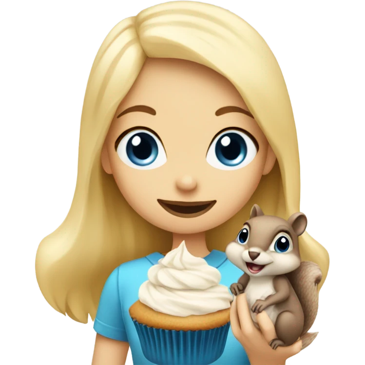 blonde girl with blue eyes eating a cupcake with a squirrel eating a cupcake emoji