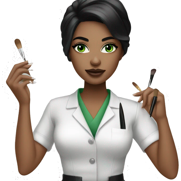 Makeup artist girl black hair green eyes white skin with a brash in her hand emoji