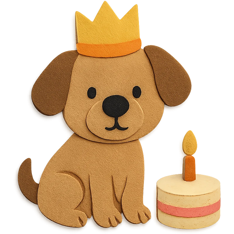 puppy with a birthday crown sitting beside a mini cake, paper-craft style emoji