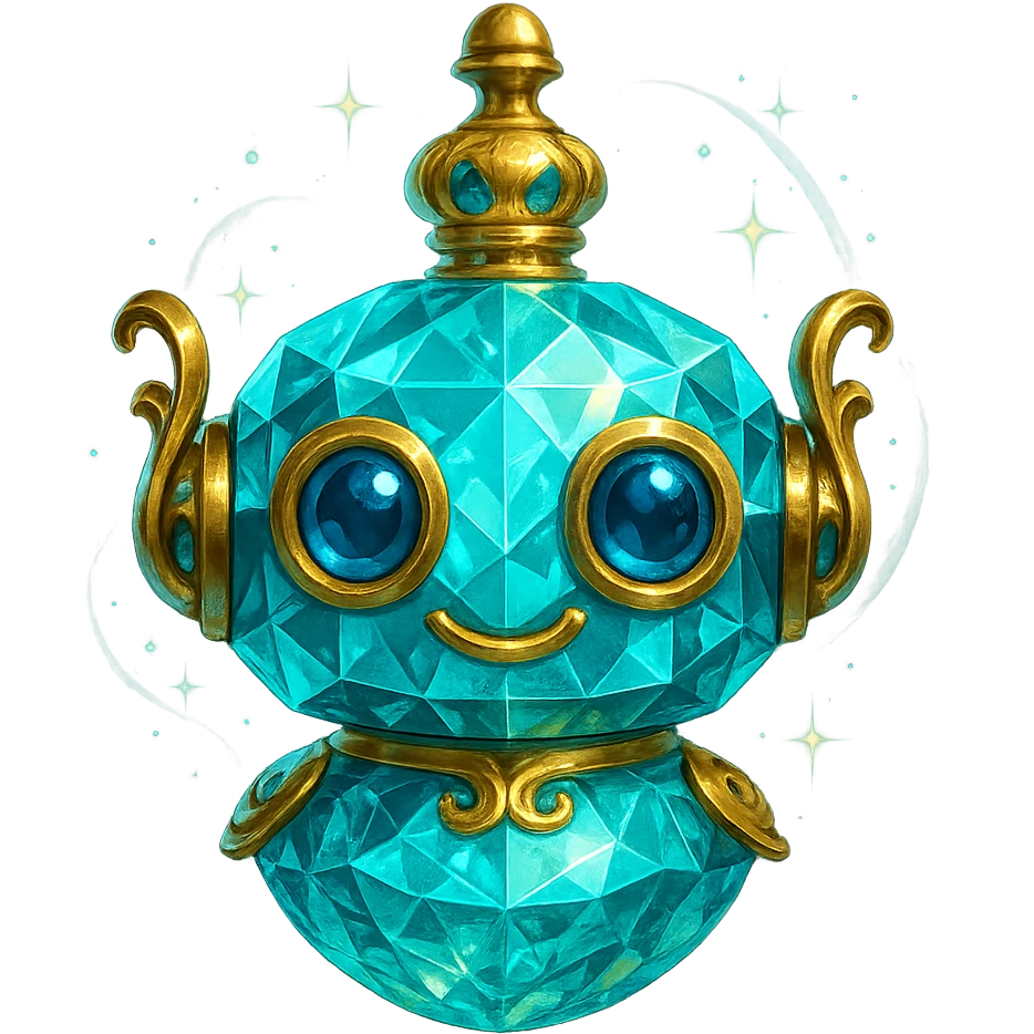 crystal, luxurious elixir bottle in the shape of a cute robot head, cyan color, lots of glowing, facets, ornaments, golden details, magical effects, very small almost invisible neck, transparent background, beautiful merging bottom, clearly floating in the air, no base or shadow, very luxurious, friendly, playful, matching the collection emoji