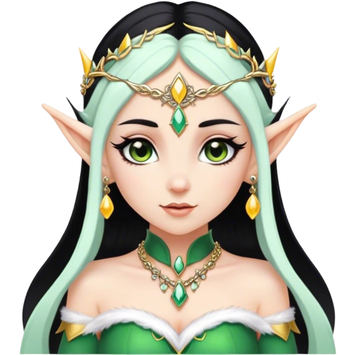 Elf princess with pointy ears, white skin, black hair with jewelry, emoji emoji