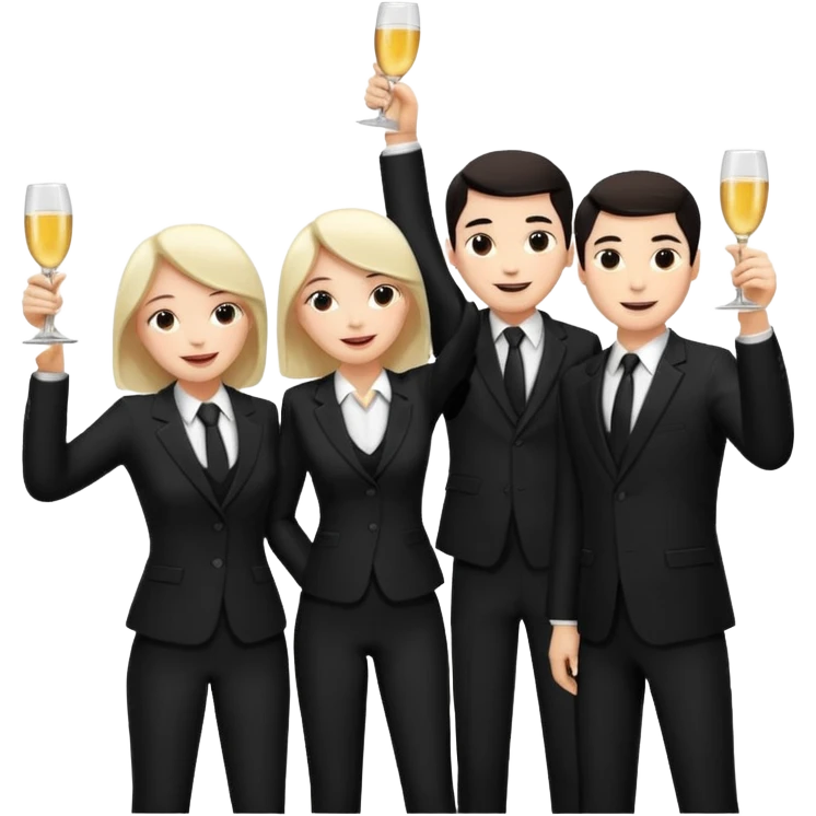 Un equipo de venta con trajes negros, personas blancas solo 3 celebrando un logro con un brindis. El fondo negro totalmente  emoji