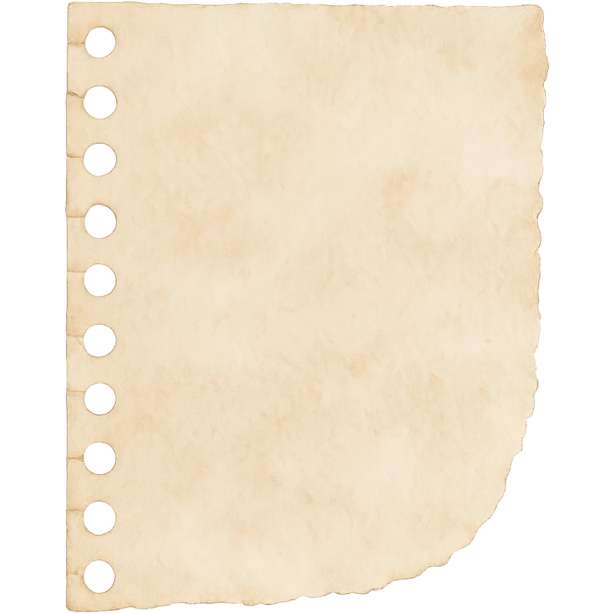 faded beige torn notebook paper scrap with spiral edge, watercolor texture, transparent background, no face, no hands, no legs, no characters emoji