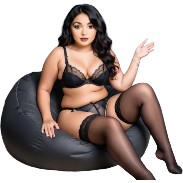 Curvy woman with brown skin with long wavy black hair, dark brown eyes. She's wearing a black lace lingerie, black lace thong, black stockings and suspender belt, she's sat on a big dark grey bean bag chair with her legs open and feet on the floor. She gestures you to come closer with her hand emoji