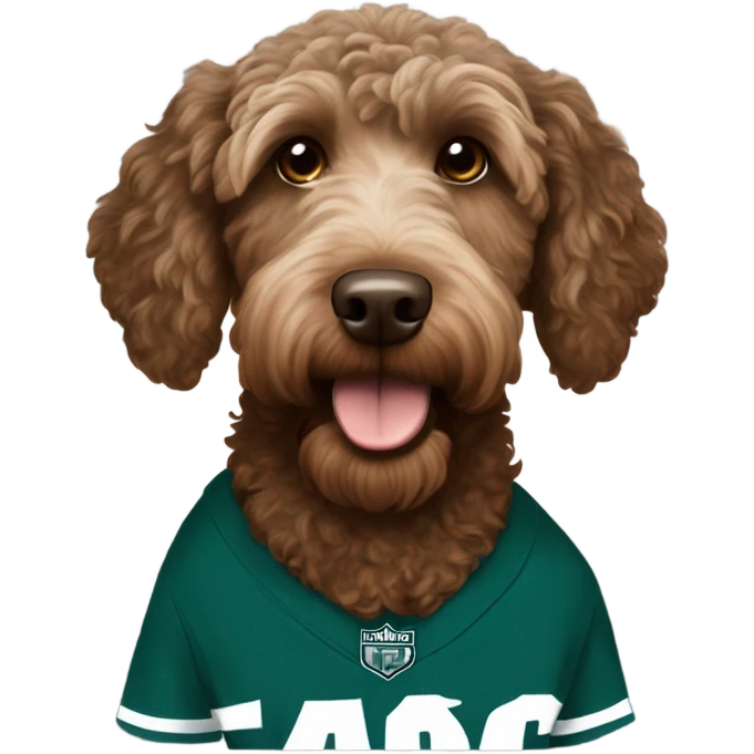 brown Labradoodle wearing a Philadelphia eagles shirt emoji