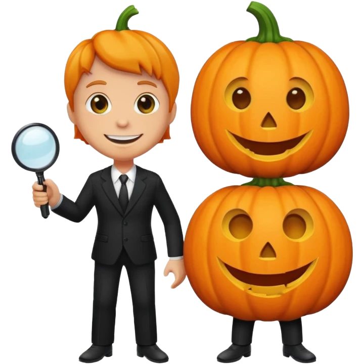 A pumpkin smiling at a magnifying glass (the magnifying glass has a suit thats black, the magnifying glass also has one eye in the middle turn the magnifying glass into a living person give the magnifying glass Normal looking eyes and give it actual arms and legs  emoji