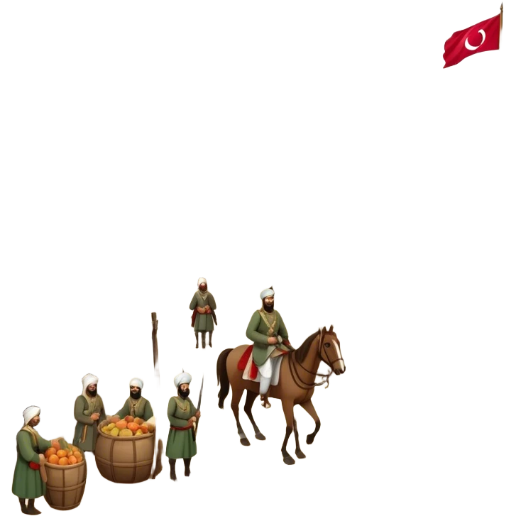 Early Ottoman settlement being built. Wooden houses, tents, and a small market. People in traditional Ottoman clothes, soldiers on horseback, and a flag waving emoji