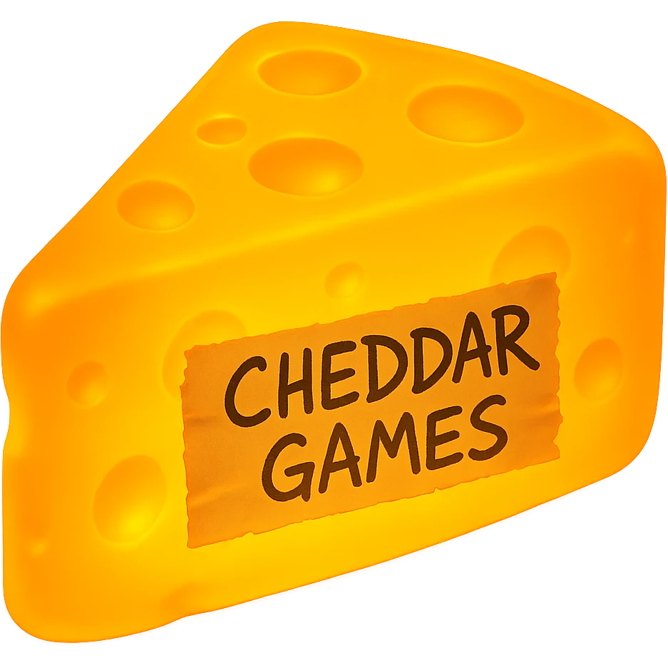 Make the cheese glow and add a piece of torn tape centered on the side that says 'Cheddar Games' in messy sharpie handwriting. Keep the style and shape the same. Remove the background. The original style is a simple cheese illustration, please maintain that look. emoji