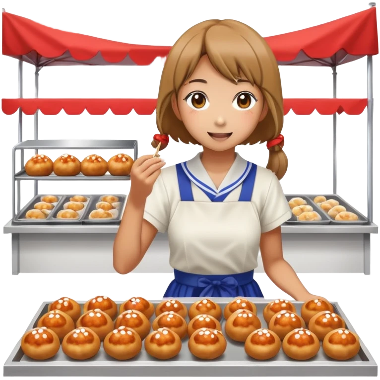 Japanese high school girl at cultural festival running food stall with takoyaki emoji