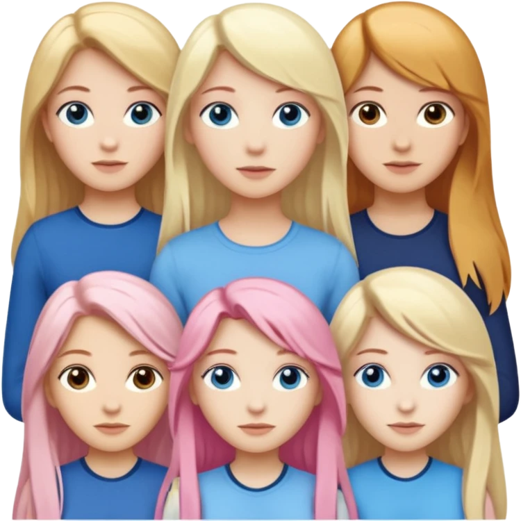 Girlfriend emoji - include 1 white girl with long light pink hair and blue eyes, 1 white girl with brown eyes and medium honey blonde hair, and 2 white girls with brown eyes and long dark brown hair, 1 white girl with blue eyes and light blonde hair,  emoji