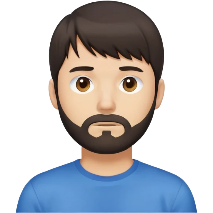 Man with dark brown straight hair and bangs, short beard covering whole face, neutral expression, basic blue t-shirt emoji
