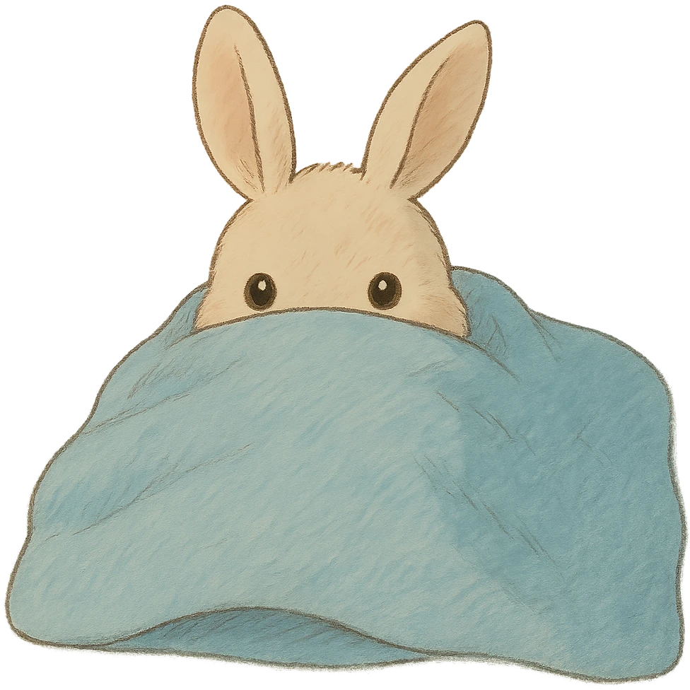 cream bunny lying under blanket, only eyes showing, soft Ghibli style emoji