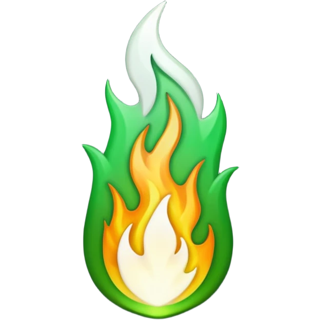 dark green and white flame, elongated flame shape, emoji style, transparent background emoji