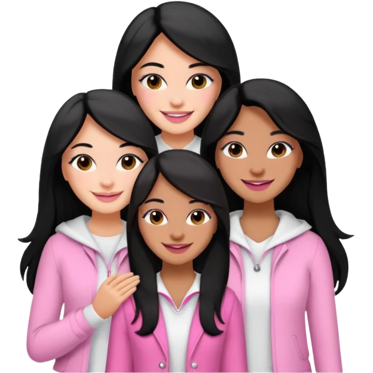 3 besties with professional glammed up looks wearing pink and white, medium skin tone smiling big with black long hair. Very girly  emoji