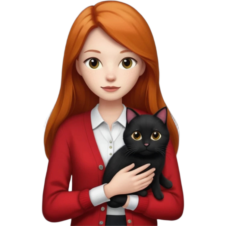 Ginger long straight hair with a red cardigan holding a  1 black cat with a white shirt under the red cardigan emoji