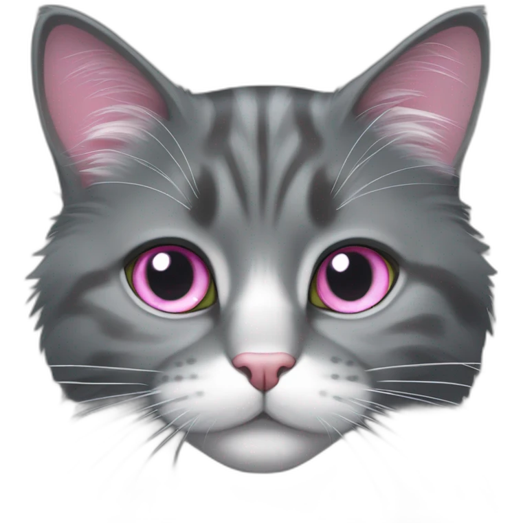 fluffy dark grey cat, pink nose, light lgreen eyes, white long whiskers, white spots near the nose, white breast, the cat's fur is soft. emoji