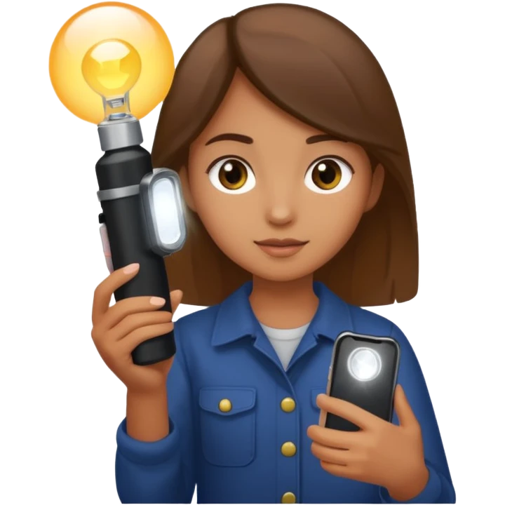 Young girl SMM with Iphone and light in hand emoji