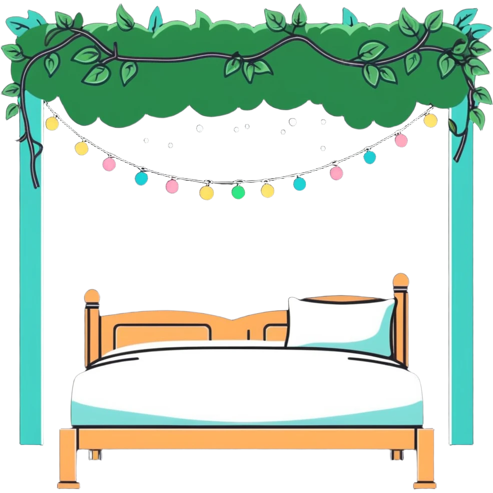 dreamy bed with twinkle lights and leafy vines hanging from above emoji