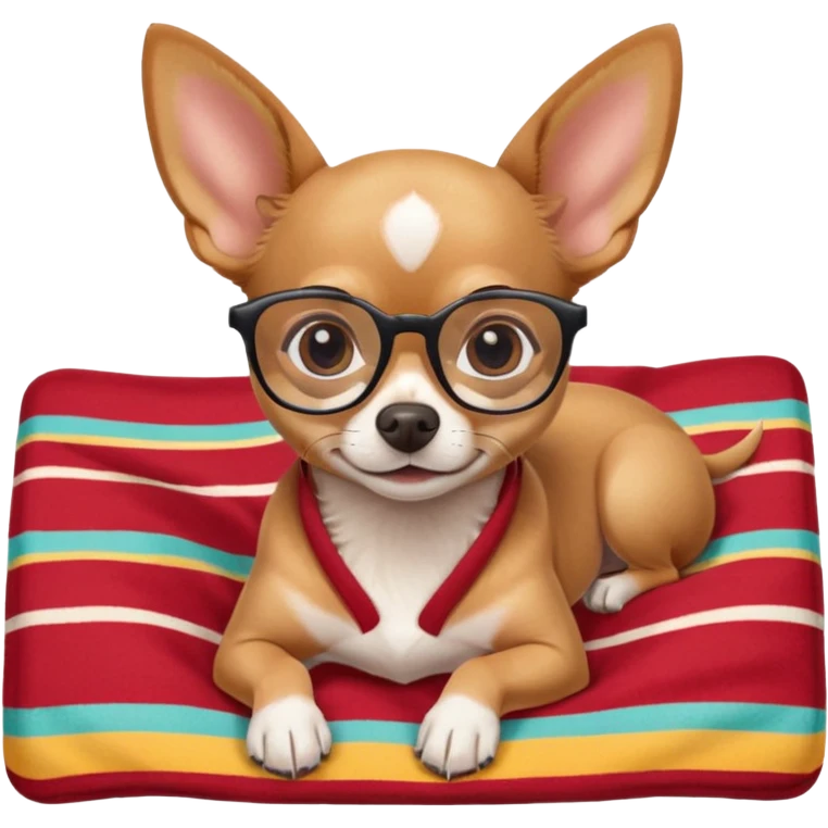 a cute chihuahua lies on a summer blanket wearing cute glasses emoji