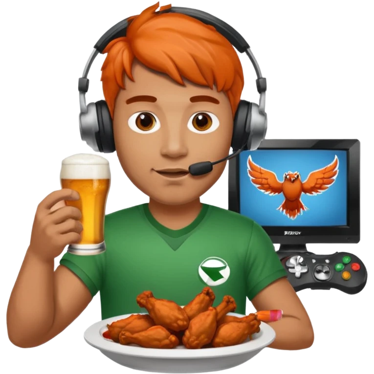 Football and tv and buffalo wings and beer and Xbox and a man with headset emoji
