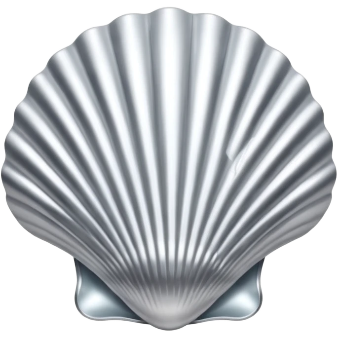 A seashell emoji made of polished silver chrome, smooth curved surface, reflective metallic highlights, elegant minimal design, iOS emoji style, centered, clean white background, soft lighting emoji