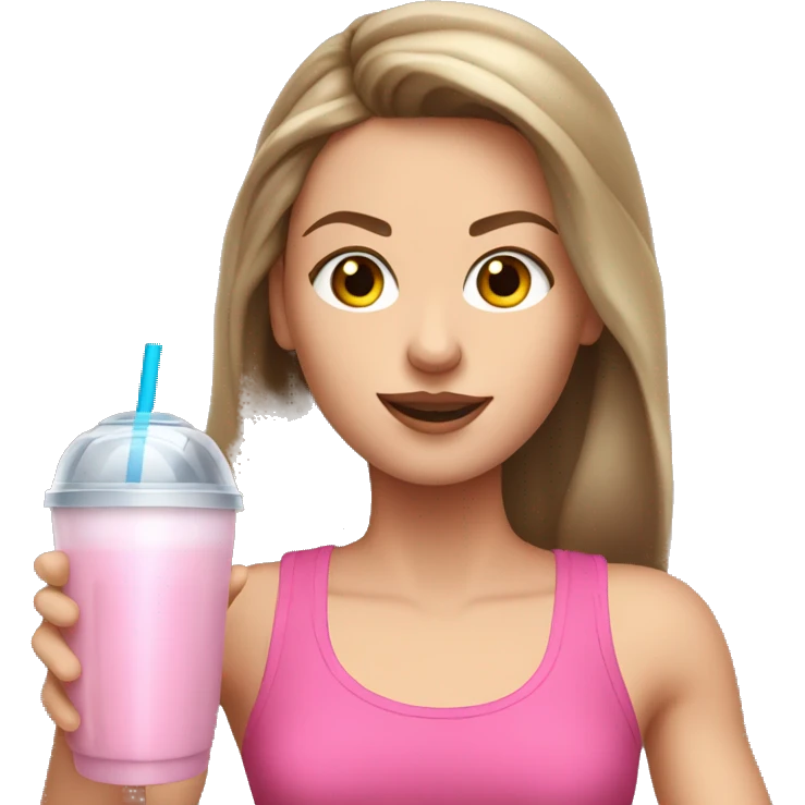 Brown straight haired white girl in pink croptop drinking protein shake emoji