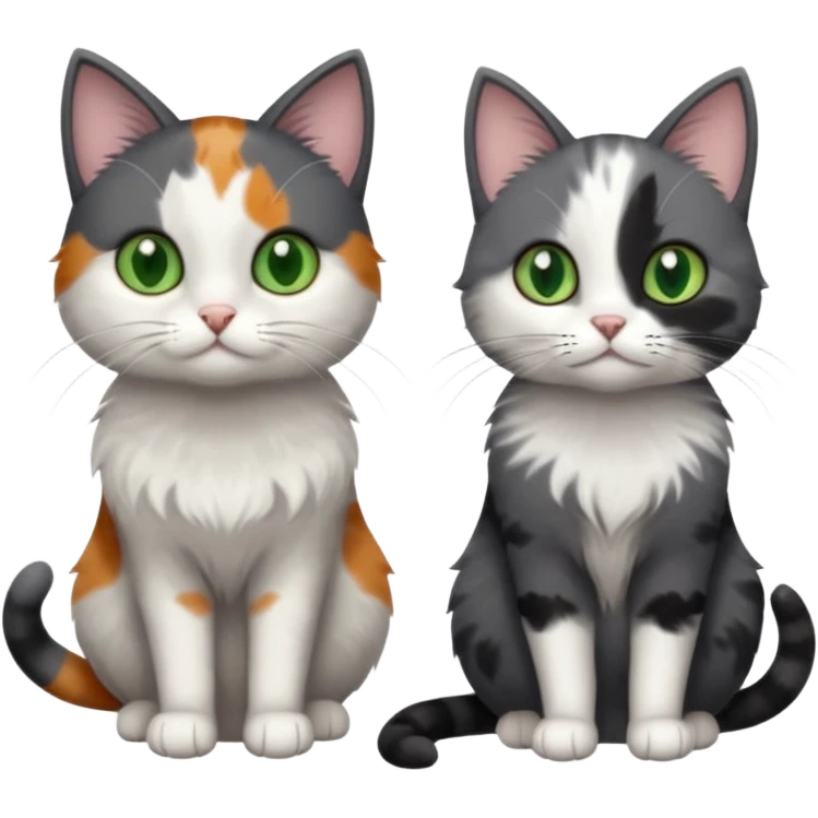 3 different coloured small cats including a dark grey and white, and a patchy calico and a completely solid dark grey with green eyes and only white paws emoji