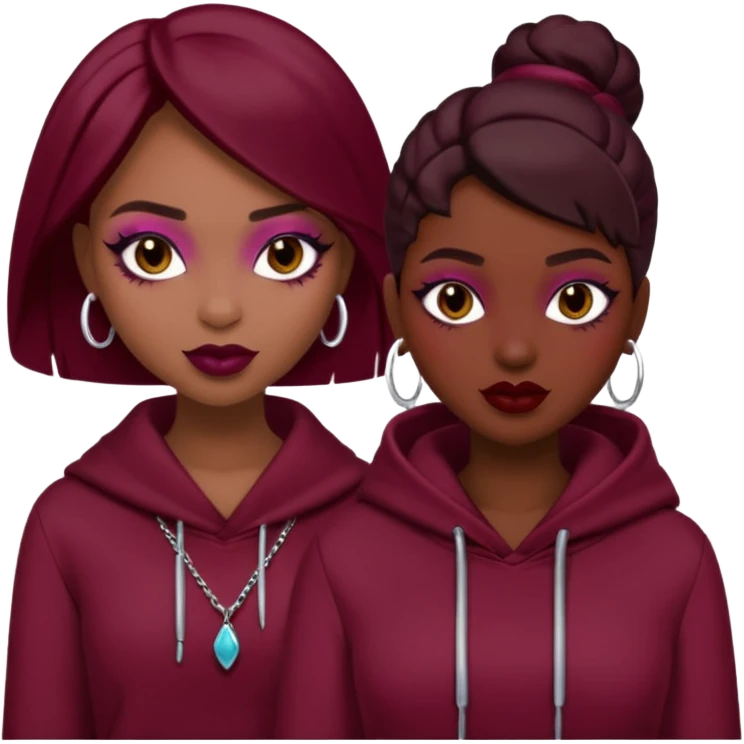 Boujy baddie best friends, trendy heavy makeup, burgundy clothes emoji