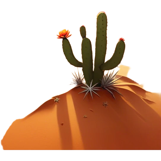 Cinematic Realistic Desert Emoji, Expansive and arid, with vast stretches of golden sand dunes and scattered cacti, the sun casting a warm, almost orange glow over the dry, cracked earth. The horizon blurs into a heat shimmer, while the occasional desert flower adds a splash of color to the barren landscape. Soft glowing outline, capturing the essence of the harsh yet stunning beauty of the desert, calm and quiet, filled with silence and mystery. emoji