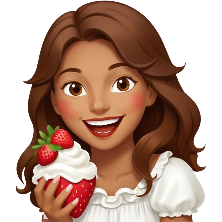 Girl with long brown hair eating strawberries and whipped cream, laughing elegant  emoji