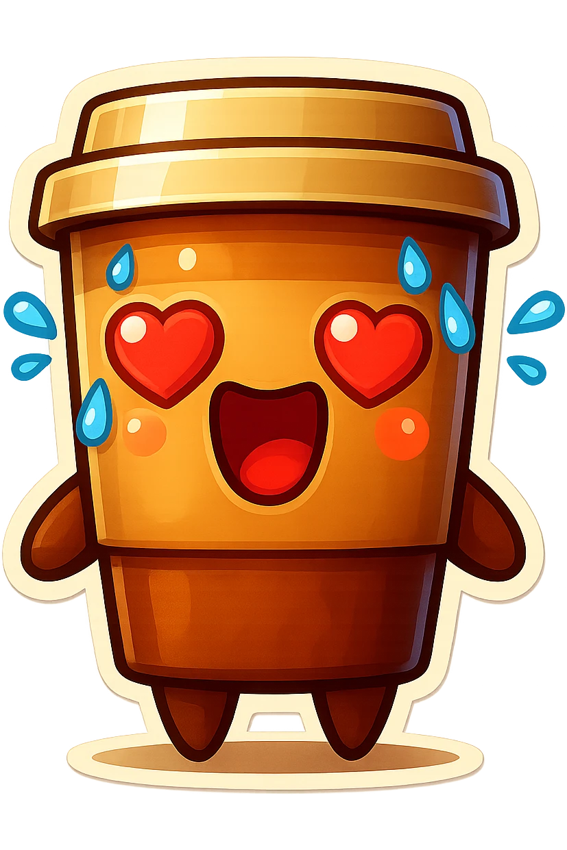 Tall coffee cup, sweating, mouth open, heart eyes emoji