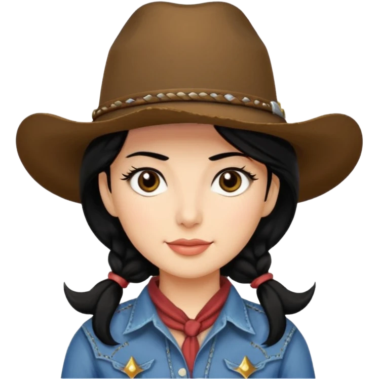 cowgirl emoji black hair long open, darb brown eyes emoji