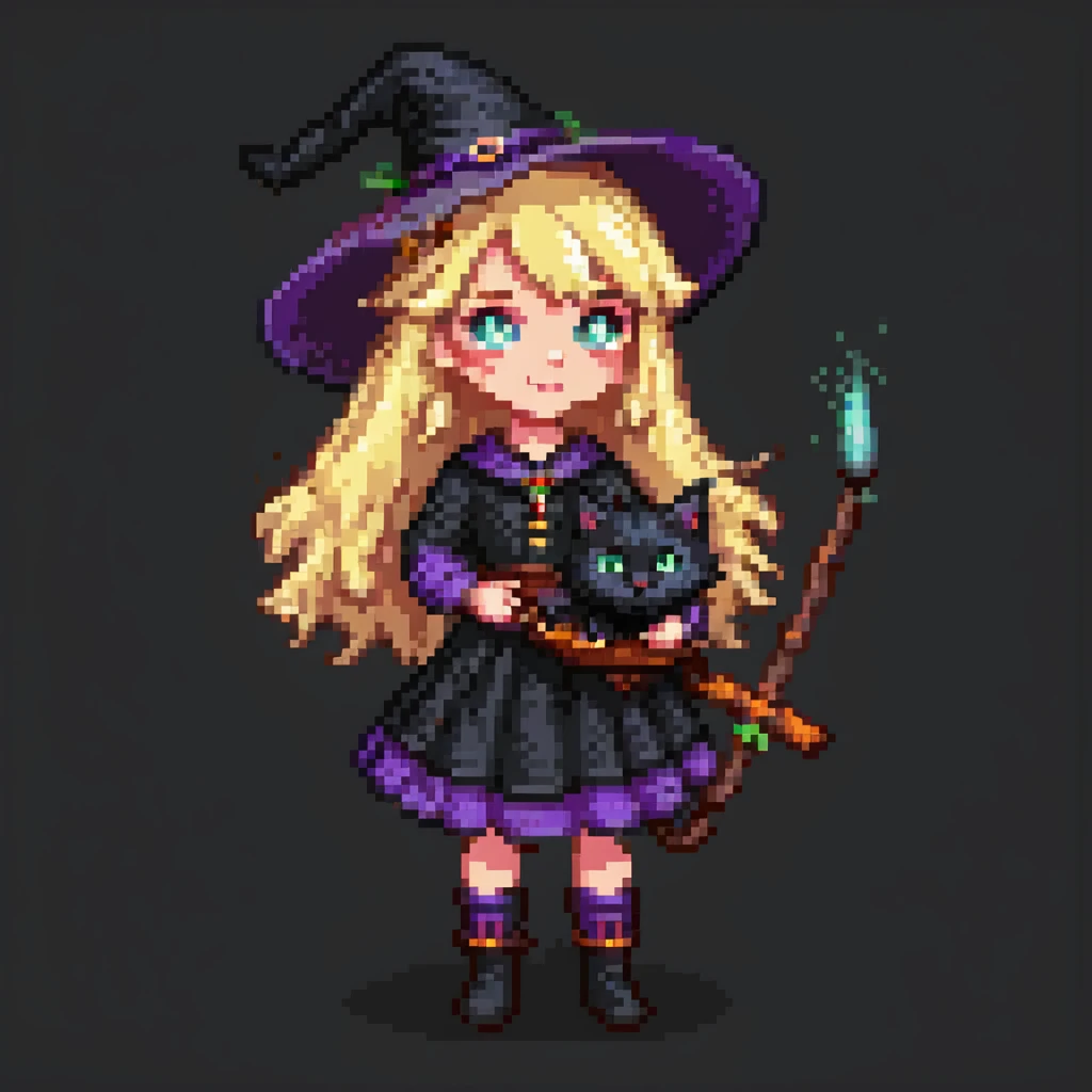 A blonde witch with a black cat, casting a spell emoji