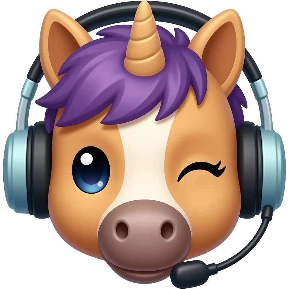 cute Pony winking with Headset closeup , front facing emoji